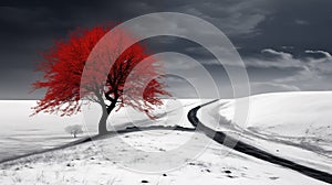 lonely sad fantasy inspired red tree with a crossroad
