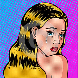Lonely and sad girl is crying pop art. The daughter mourns.
