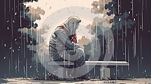 a lonely sad person has lost everything in war, memorial unhappy artwork, ai generated image