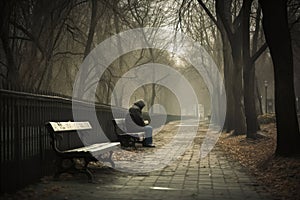 A lonely and sad person sitting on a bench created with generative AI technology