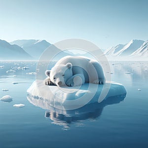 Lonely sad polar bear floating on an ice floe.