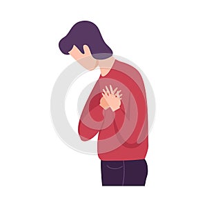 Lonely and Sad Young Man Keeping Hands on Chest, Unrequited Love Flat Vector Illustration