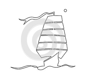 Lonely sailboat at sea. Sign or logo. Continuous line drawing illustration