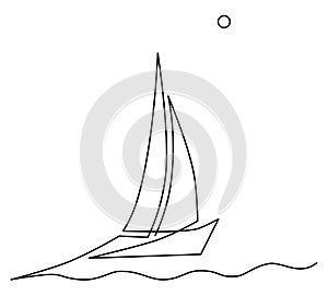 Lonely sailboat at sea. Sign or logo. Continuous line drawing illustration