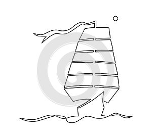 Lonely sailboat at sea. Sign or logo. Continuous line drawing. Vector illustration