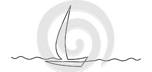 Lonely sailboat at sea. Sign or logo. Continuous line drawing. Vector illustration