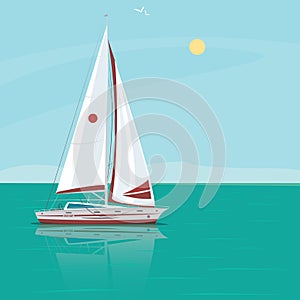 Lonely sailing yacht in the ocean on a sunny day