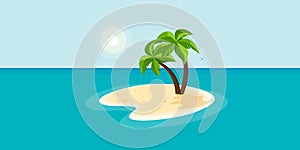 Lonely sandy island with palm tree on beach in middle of blue sea ocean