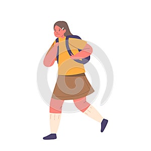 Lonely Schoolgirl Character Walk To School With Heavy Bag. Her Face Shows Sadness And Disappointment Vector Illustration