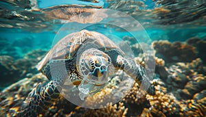 Lonely sea turtle swimming with plastic bag waste in warm tropical sea waters in coral reefs. Beauty in Nature, ocean pollution,