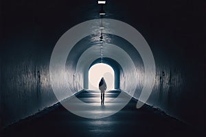 Lonely silhouette of a teenager walking to the light in the end of a dark tunnel. Generative AI illustration with copy space