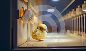 Lonely single little yellow chick sitting on the floor indoors. Tiny chicken in the incubator at factory. Blurred backdrop.