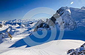 Lonely ski slope in the top of french Alps. Perfect winter holiday in Chamonix Mont Blanc.