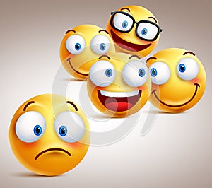 Lonely smiley face vector character concept with group of funny faces of friends