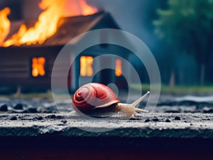A lonely snail on background of a burning house