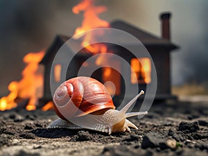 A lonely snail on background of a burning house