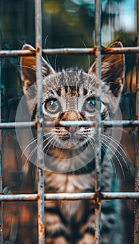 Lonely stray cat in shelter cage abandoned feline behind rusty bars, seeking home and care