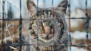 Lonely stray cat in shelter cage abandoned feline behind rusty bars, seeking home and care