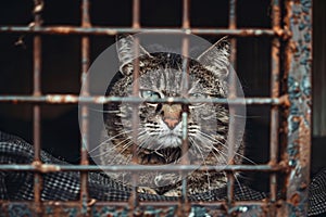 Lonely stray cat in shelter cage abandoned feline behind rusty bars, yearning for care