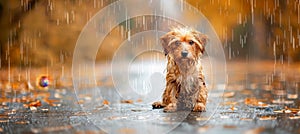 Lonely stray dog abandoned, hungry, lost in rain drenched street, seeking shelter and care