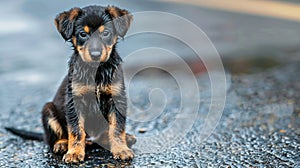 Lonely stray dog abandoned puppy sitting alone in rain, lost and hungry, seeking adoption