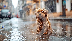 Lonely stray dog abandoned in rain, sitting hungry and lost, seeking adoption outdoors