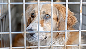 Lonely stray dog in shelter cage, abandoned, hungry, and patiently waiting for its owner to return photo