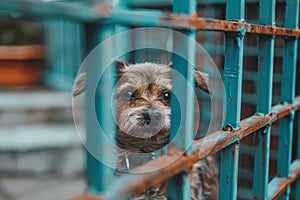 Lonely stray dog in shelter cage, abandoned, hungry puppy seeks owner s return, longing for care