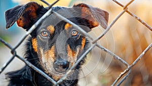 Lonely stray dog in shelter cage abandoned, hungry, and waiting for owner heartbreaking image photo