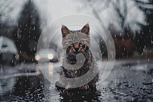 Lonely stray kitten in rain seek urgent pet adoption, rescue, and shelter support for charity