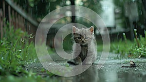 Lonely stray kitten in rain seeking help in streets for pet rescue and adoption charity