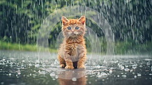 Lonely stray kitten in the rain seeking pet rescue, adoption, shelter, and charity assistance