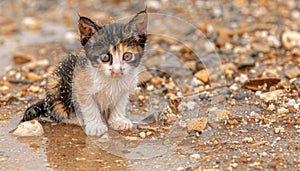 Lonely stray kitten in rain seeks pet adoption, shelter plea for rescue, help, charity for pets photo