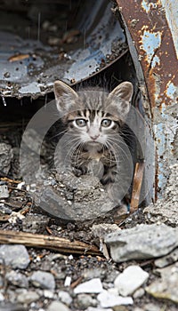 Lonely stray kitten in the rain seeks urgent pet adoption, shelter, and rescue assistance