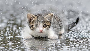 Lonely stray kitten seeking shelter, abandoned, hungry, drenched in rain, in need of rescue and care