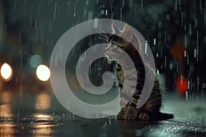 Lonely stray kitten seeking shelter in the rain, hoping for pet adoption, rescue, and charity help