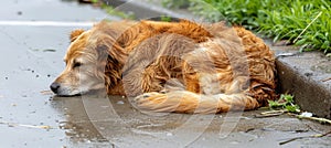 Lonely stray puppy abandoned, hungry, wet in rain on street looking lost and forlorn photo