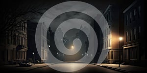 lonely streets lit by street lamps at night, Generative AI
