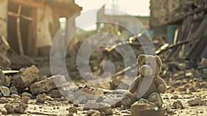 Lonely teddy bear amidst earthquake ruins. Heartbreaking symbol of lost childhood. photo