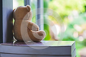 Lonely teddy bear sitting on a book learning a window and looking at outside window with green nature background