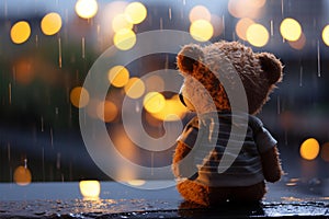 Lonely teddy bear weeps by the window, rain and bokeh