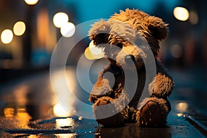 Lonely teddy braves rain, sitting on a somber night street