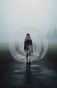 a lonely teen girl wearing a short dress and tall boots. winter foggy background. long black hair. 13 year old girl.