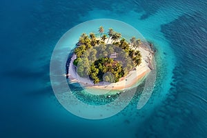 Lonely tiny round island with palm trees in the ocean, top view, generative ai