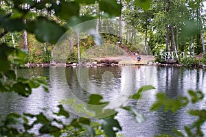 Lonely tourist sits on shore of a beautiful forest lake, in summer rain, in the foreground are blurry branches with