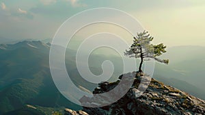 Lonely tree on cliff top at on blue sky background, scenic view of mountains in summer, amazing landscape with rock and green