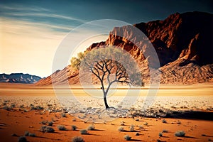 lonely tree in desert against background of mountain wall