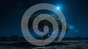Lonely tree in the desert at night. 3d rendering