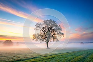 Lonely Tree on Field at Dawn