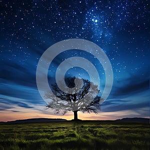 Lonely tree in the field at night with starry sky